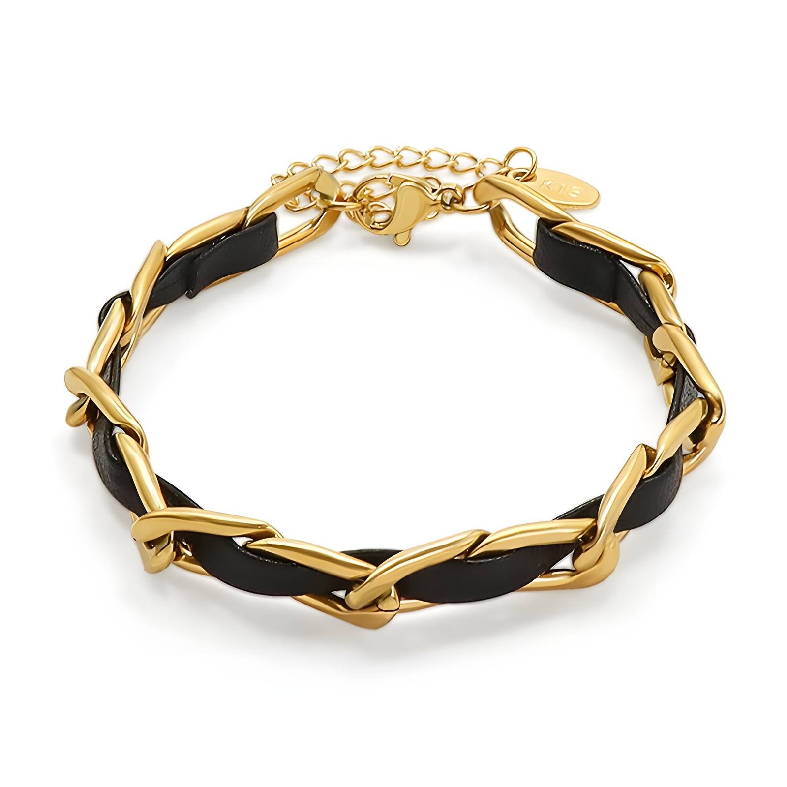 Gold-Toned Black Faux Leather Braided Bracelet