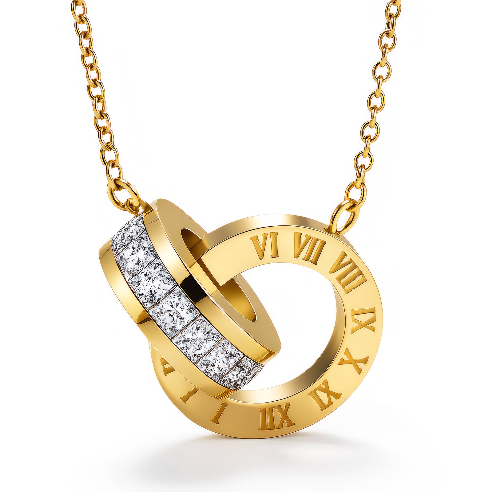 Gold-Toned Interlocking Double-Ring Pendant Necklace